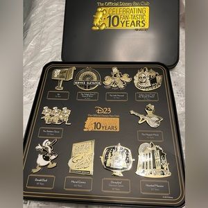 D23 Official Disney Fan Club 10 Fan-Tastic Years Gold Pin Set Box Tin Celebrate!